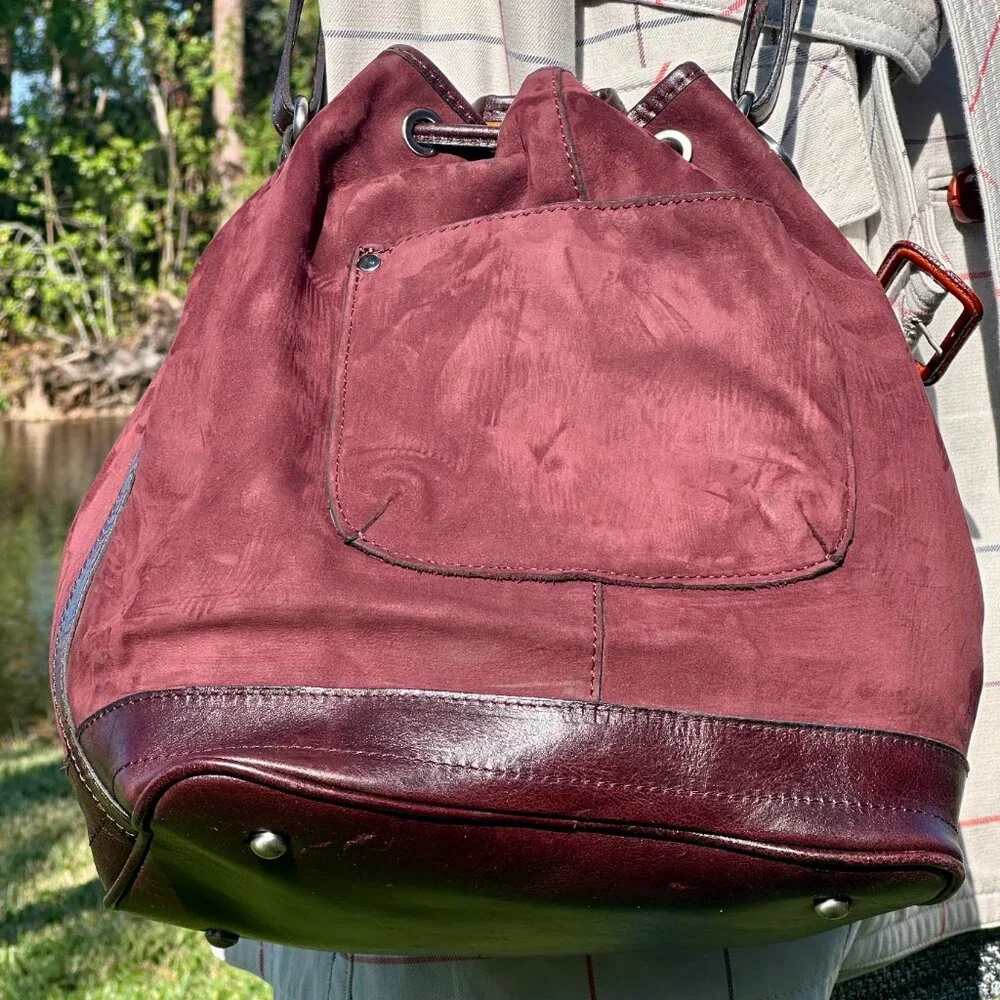 Patricia Nash Melrose Brushed Italian Nubuck Drawstring Bucket Bag Plum Key Fob